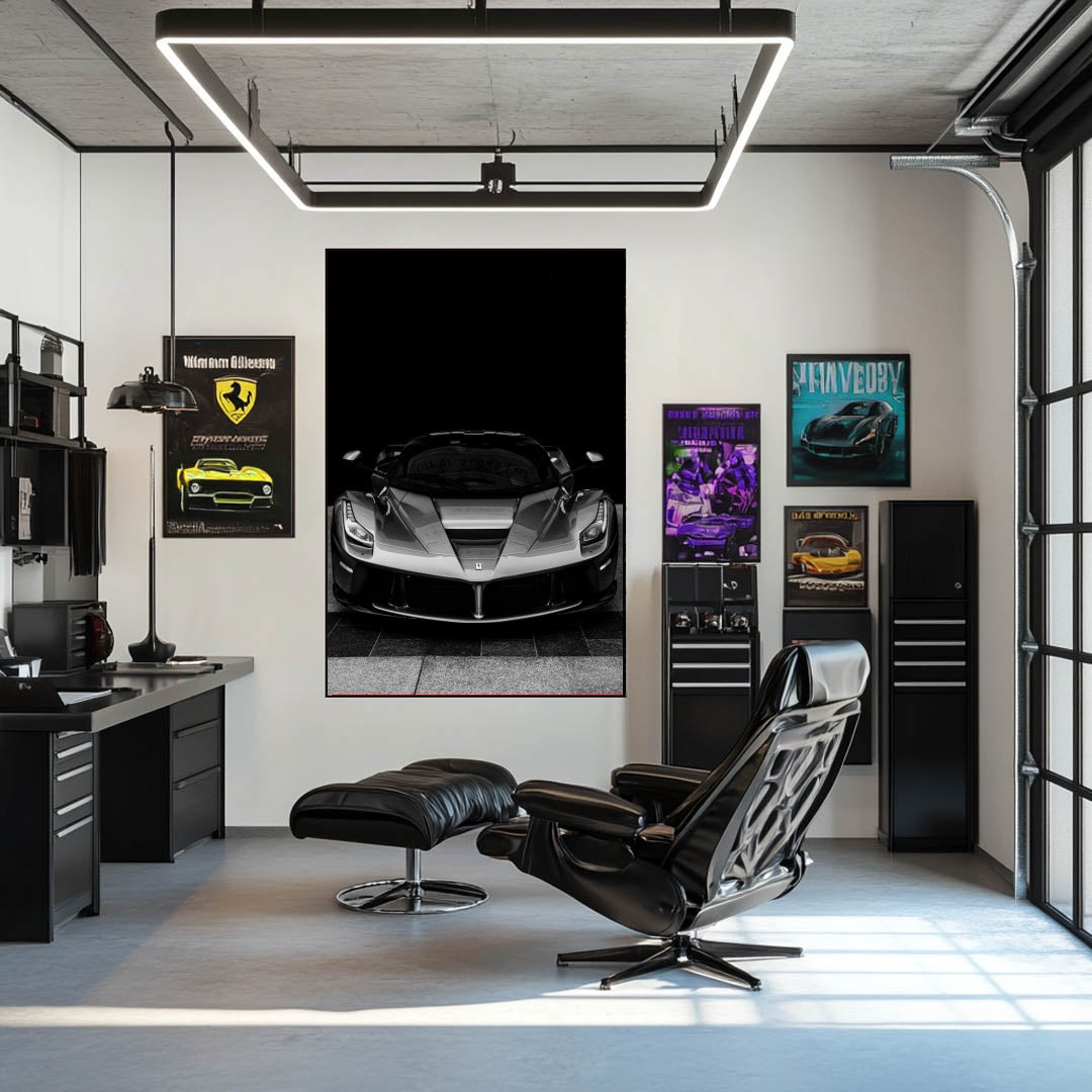 Monochrome LaFerrari car wall art displayed in a stylish modern office interior.