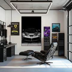 Monochrome LaFerrari car wall art displayed in a stylish modern office interior.