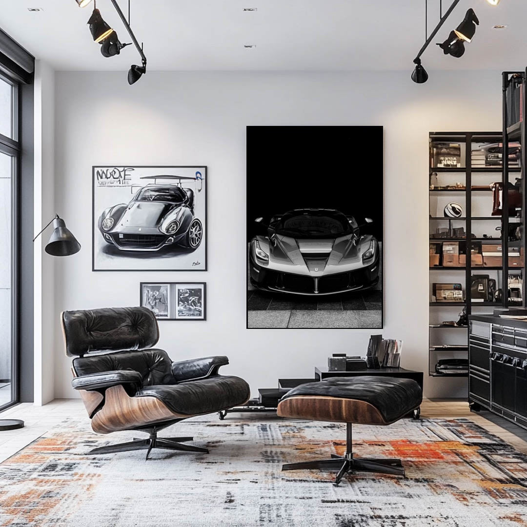 Monochrome LaFerrari showcases its stunning design as car wall art in a modern interior setting.