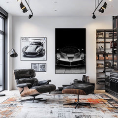 Monochrome LaFerrari showcases its stunning design as car wall art in a modern interior setting.