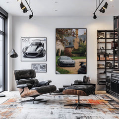 Ferrari 812 Superfast at the Estate, showcased in a modern art-filled living room with sleek furniture and light colors.