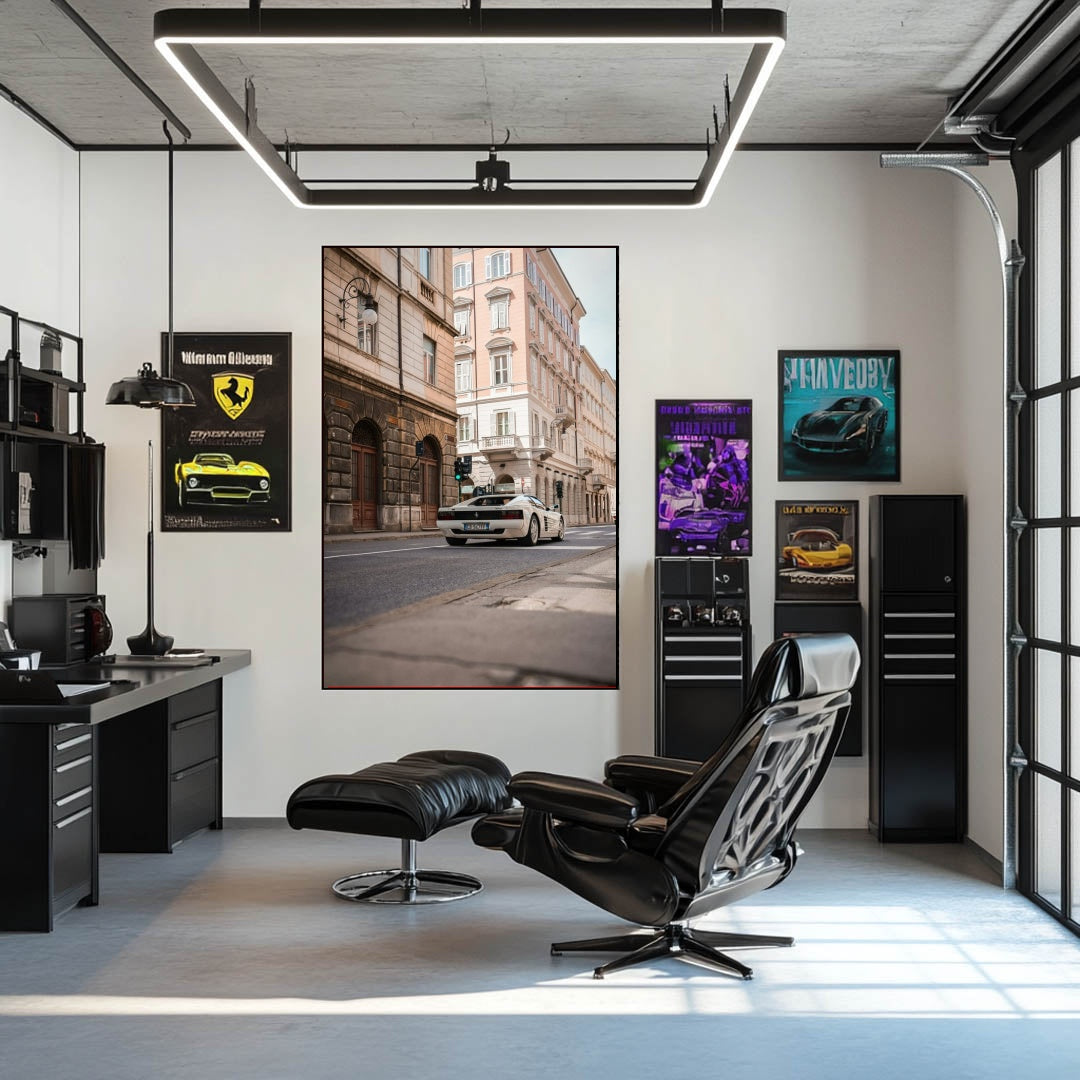 Ferrari Testarossa on Quiet Streets wall art displayed in a stylish modern office with sleek furniture.