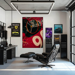 Classic Ferrari Racing Dash displayed in stylish office, featuring polished wood steering wheel and vintage gauges.