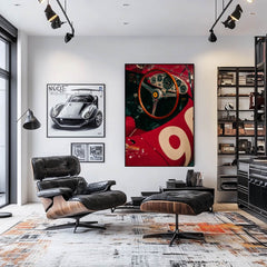 Close-up of Classic Ferrari Racing Dash in modern living room, showcasing polished wood steering wheel and vintage gauges.