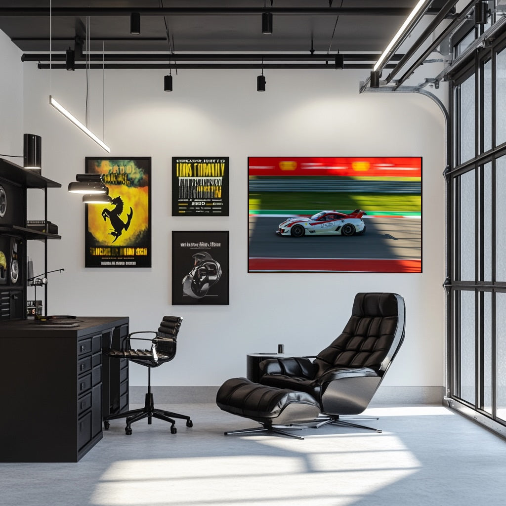 Ferrari 599XX Evo in Full Speed displayed as car wall art in a modern office interior.