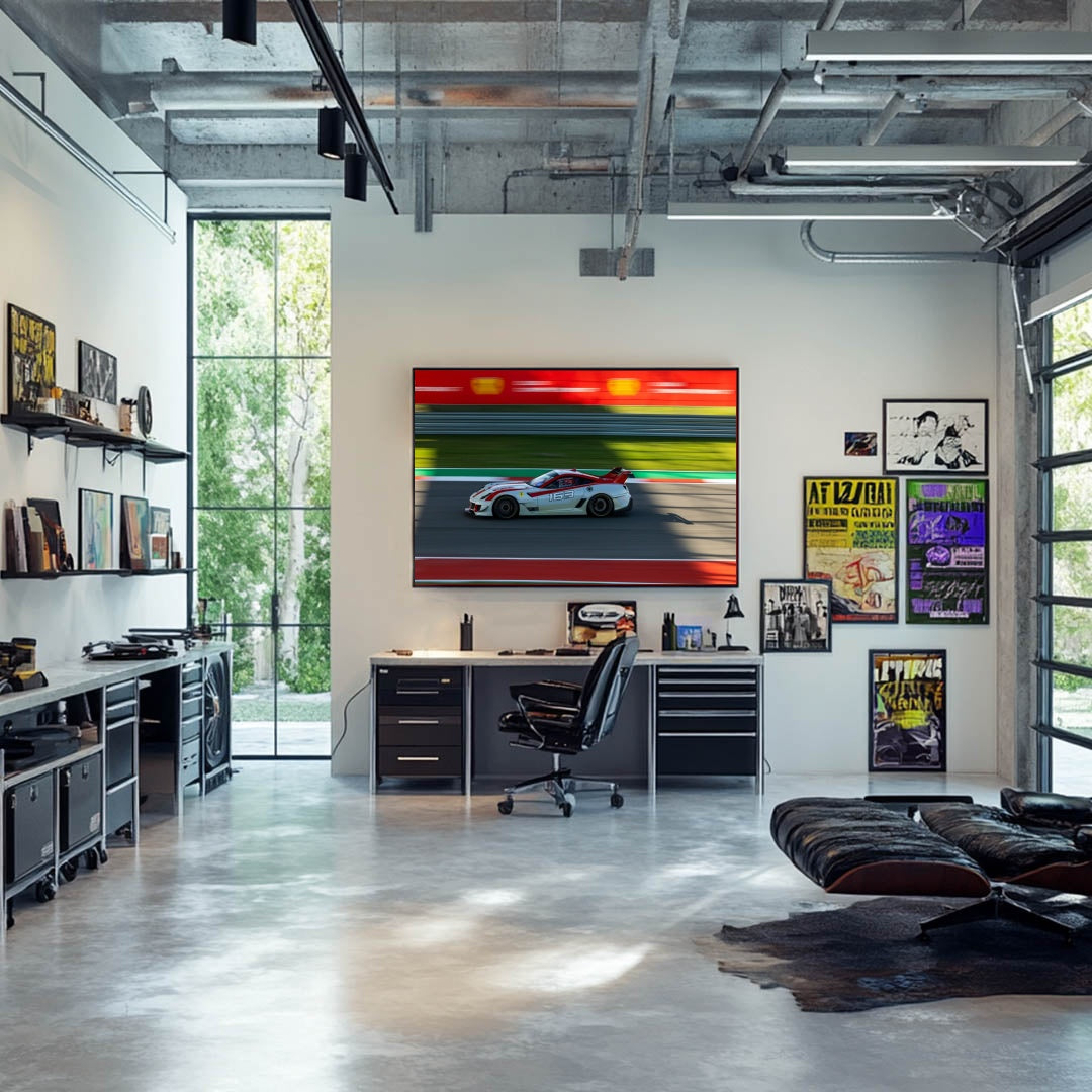 Ferrari 599XX Evo in Full Speed showcased as car wall art in a modern office space with stylish decor.