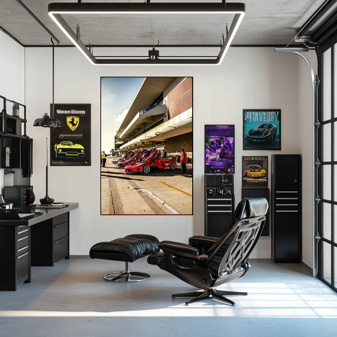 Ferrari FXX-Ks at the Track, showcasing a modern workspace with walls adorned with car wall art and a vibrant atmosphere.
