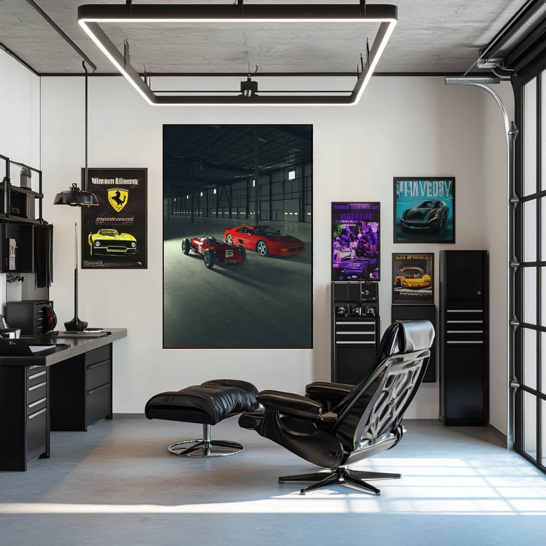 Ferrari 512 TR Meets F355 Berlinetta car wall art in a modern industrial office setting.