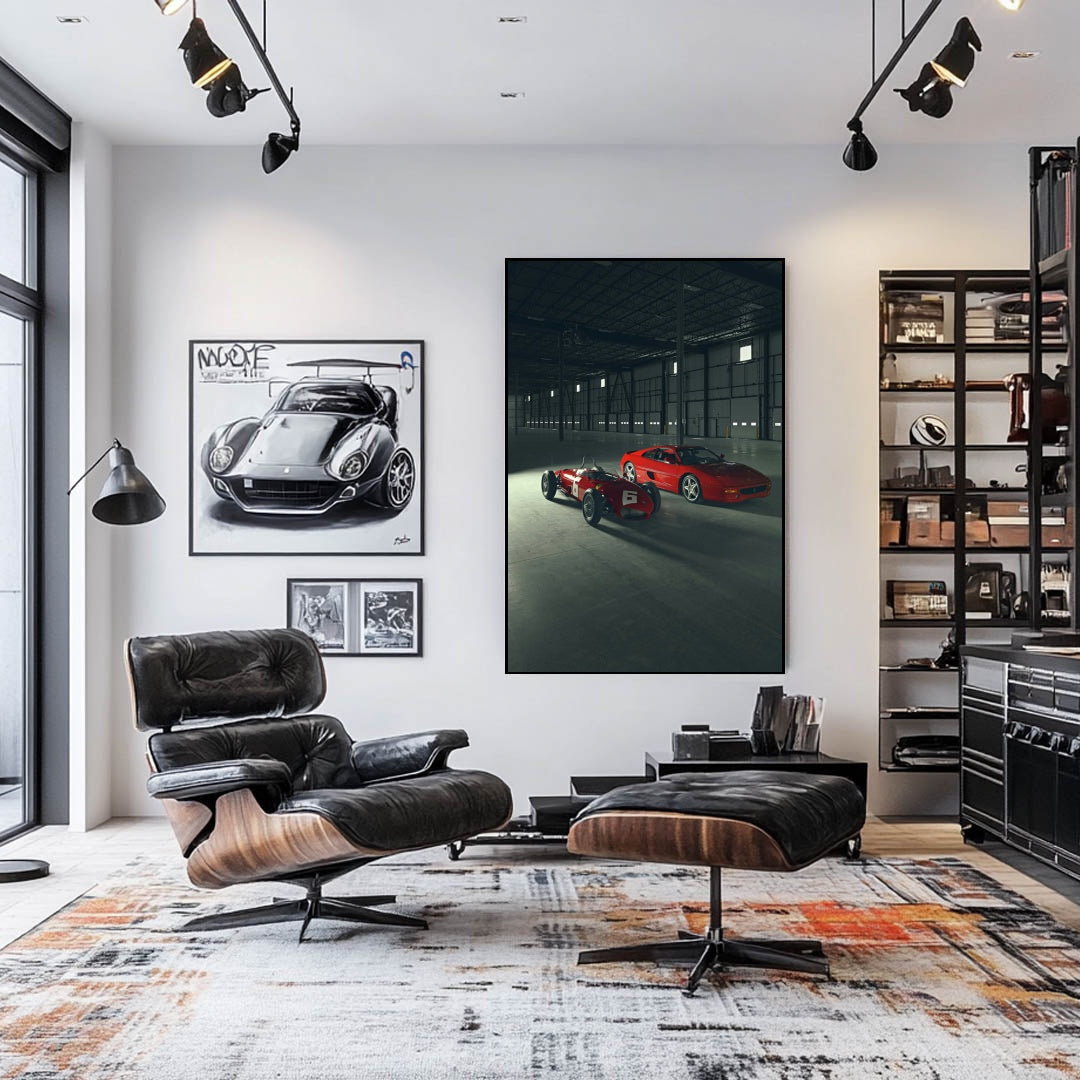 Ferrari 512 TR Meets F355 Berlinetta displayed as car wall art in a modern living room setting.