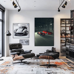 Ferrari 512 TR Meets F355 Berlinetta displayed as car wall art in a modern living room setting.