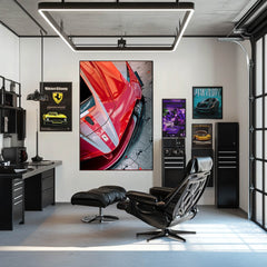 Ferrari Frontline car wall art displayed in a modern office, featuring a close-up of a glossy red Ferrari race car.
