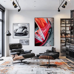 Ferrari Frontline car wall art featured in a modern living room with stylish decor and wall-mounted artworks.