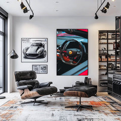Ferrari Steering Wheel close-up showcased as car wall art in a stylish modern living room.
