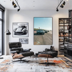 Ferrari Supercars in Action showcased as car wall art in a modern living room with stylish furniture.