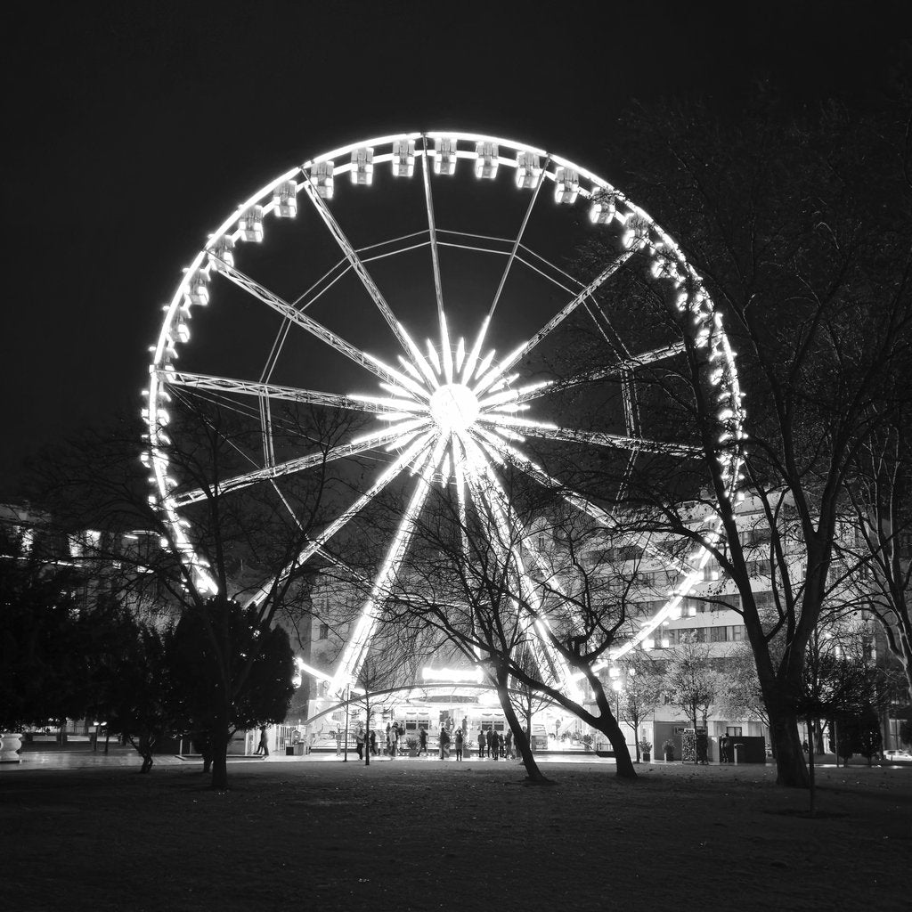 Ivan Dražić - Black and white photo of a glowing Ferris wheel in Budapest at night.
