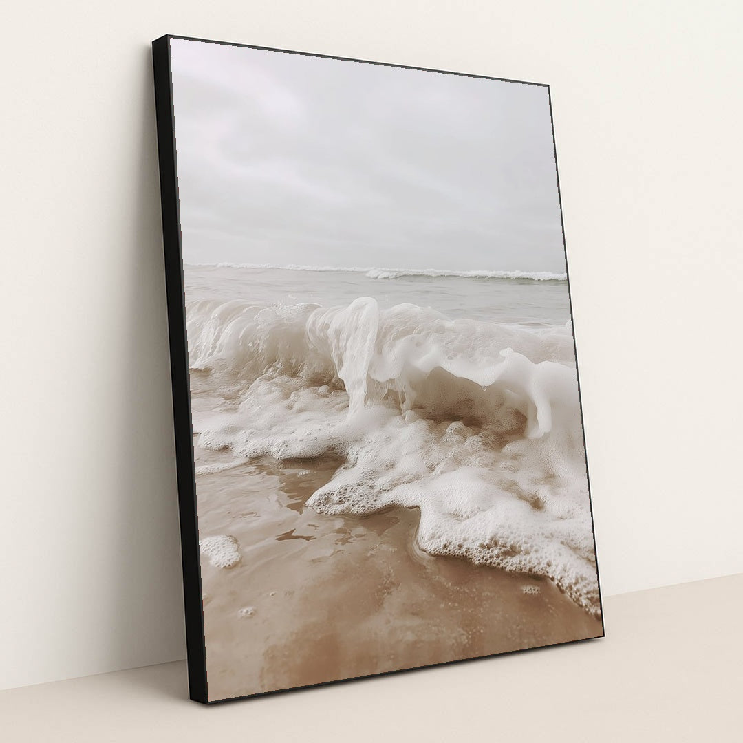 Foamy Ocean Wave Crashing onto Sandy Shore under Overcast Sky by Mistline - Black Frame Stretchiez