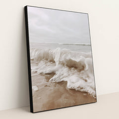 Foamy Ocean Wave Crashing onto Sandy Shore under Overcast Sky by Mistline - Black Frame Stretchiez