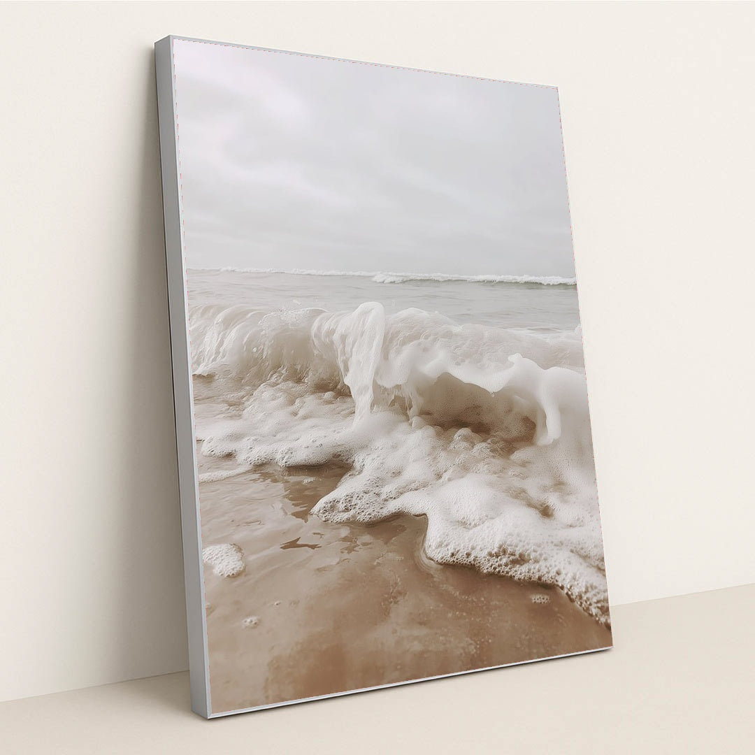 Foamy Ocean Wave Crashing onto Sandy Shore under Overcast Sky by Mistline - Silver Frame Stretchiez