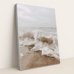 Foamy Ocean Wave Crashing onto Sandy Shore under Overcast Sky by Mistline - Silver Frame Stretchiez