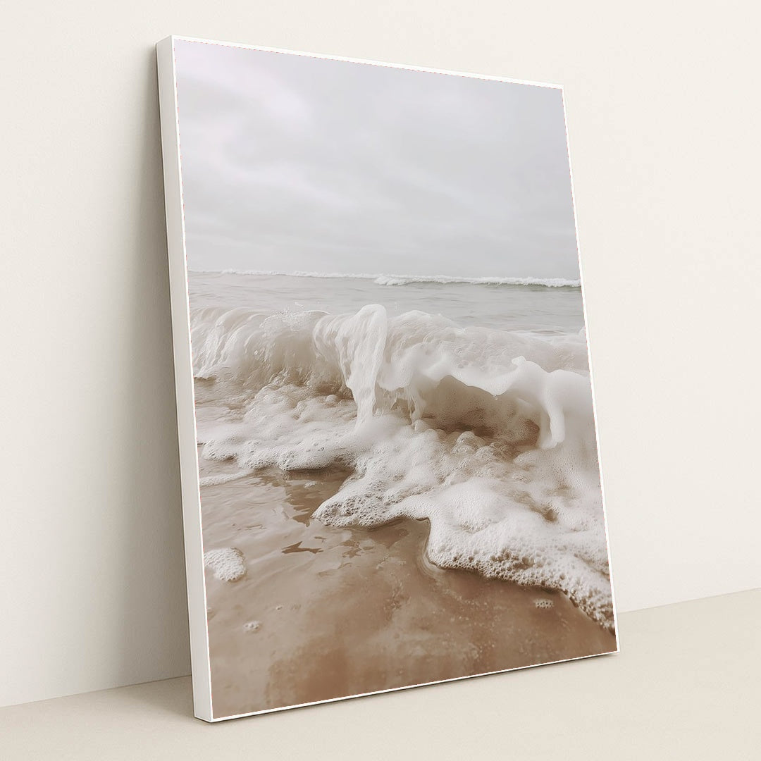 Foamy Ocean Wave Crashing onto Sandy Shore under Overcast Sky by Mistline - White Frame Stretchiez