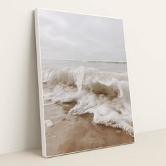 Foamy Ocean Wave Crashing onto Sandy Shore under Overcast Sky by Mistline - White Frame Stretchiez
