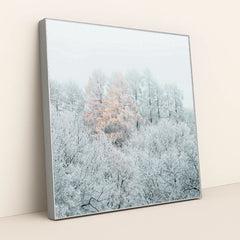 Frost-Covered Trees with Autumn Leaves in Misty Winter Forest by Simon Berger - Silver Frame Stretchiez