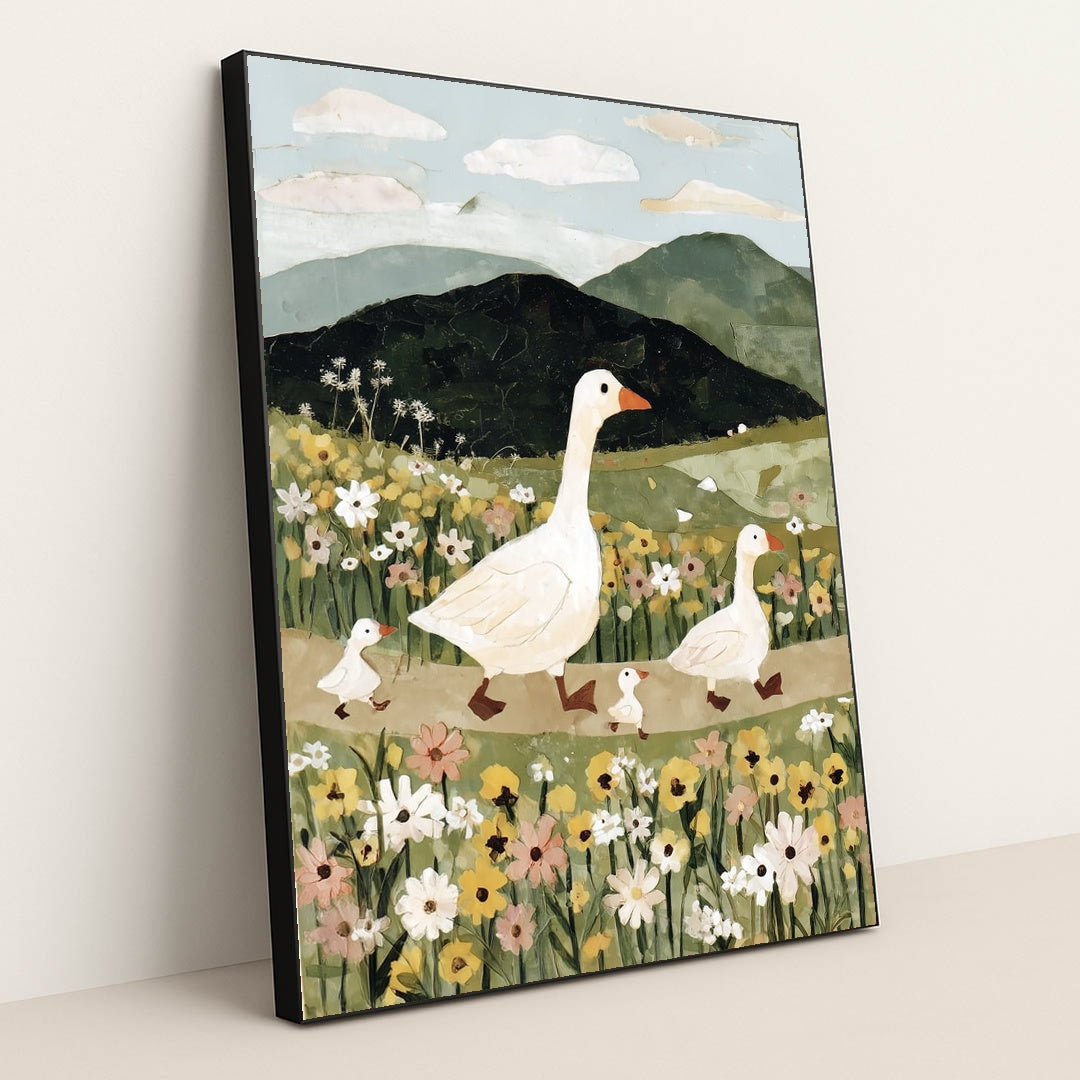 Geese in the Meadow by Anna Stone - Black Frame Stretchiez