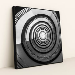 Geometric Spiral Staircase in Monochrome by Wolfgang Weiser - Black Frame Stretchiez