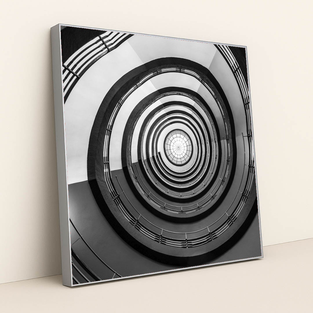 Geometric Spiral Staircase in Monochrome by Wolfgang Weiser - Silver Frame Stretchiez