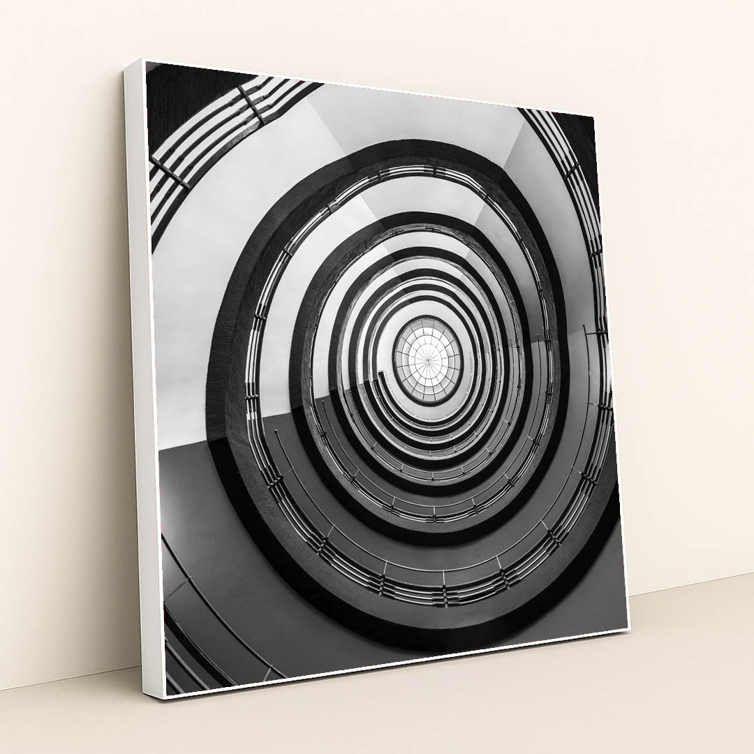 Geometric Spiral Staircase in Monochrome by Wolfgang Weiser - White Frame Stretchiez