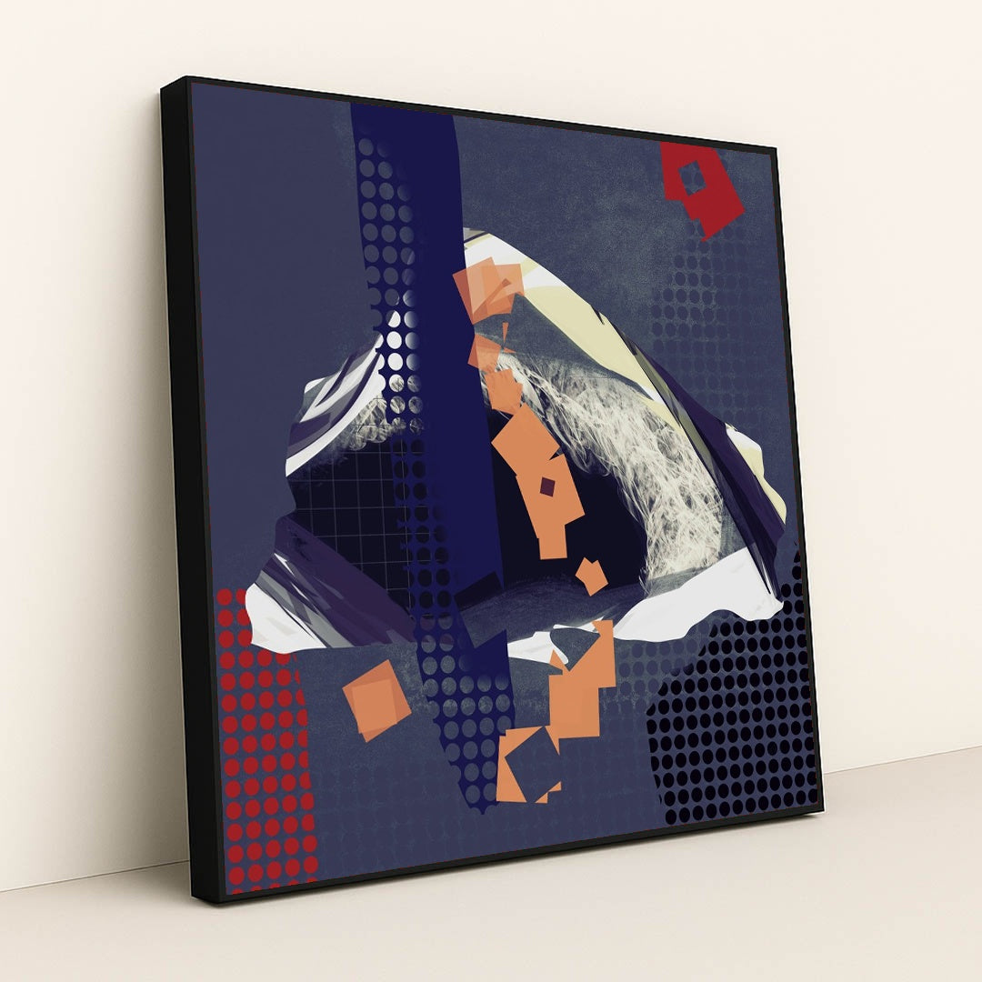 Deep Blue and Red Shapes with Orange Squares and Curved White Brushstrokes by Steve Johnson - Black Frame Stretchiez
