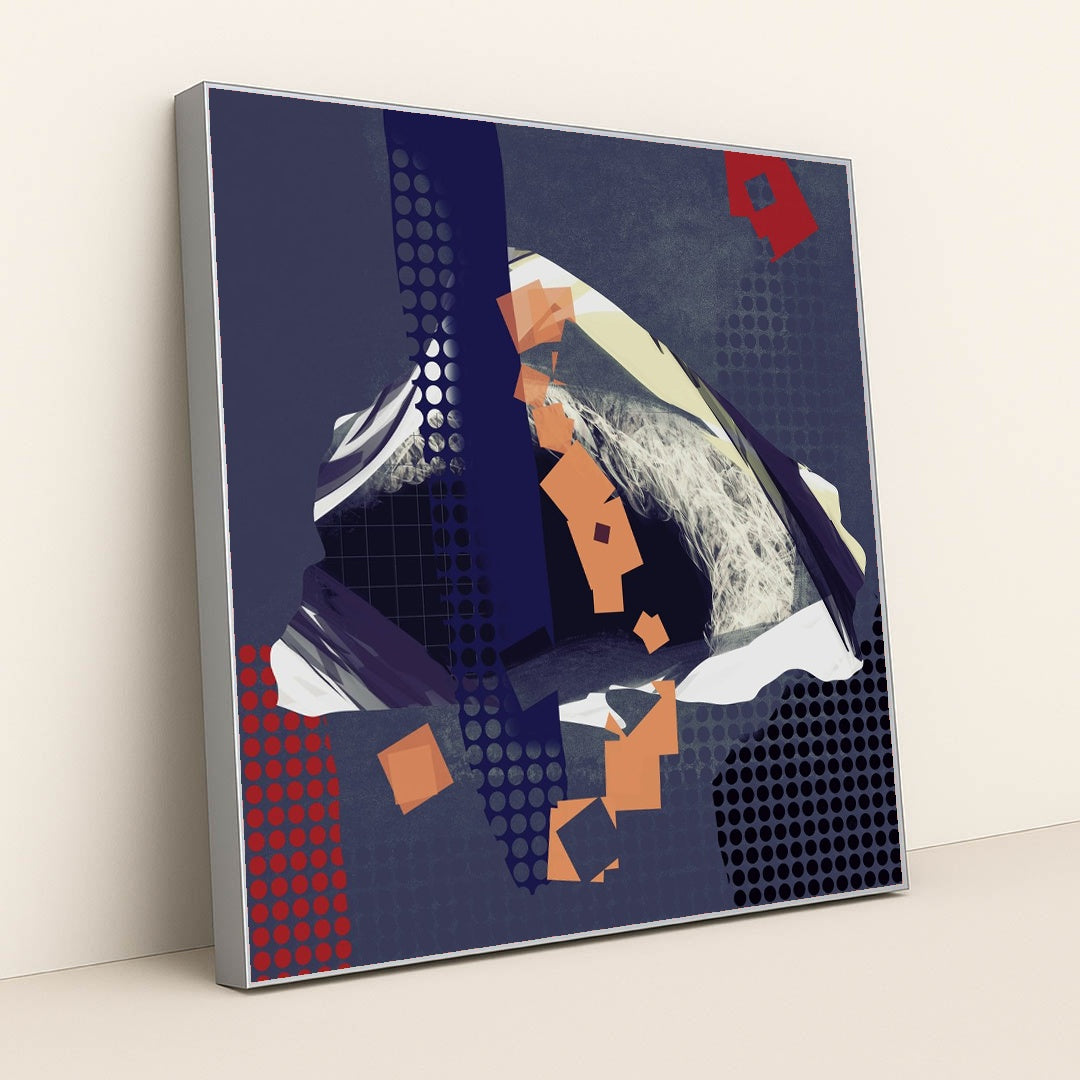Deep Blue and Red Shapes with Orange Squares and Curved White Brushstrokes by Steve Johnson - Silver Frame Stretchiez
