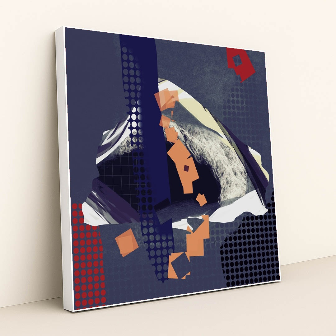 Deep Blue and Red Shapes with Orange Squares and Curved White Brushstrokes by Steve Johnson - White Frame Stretchiez