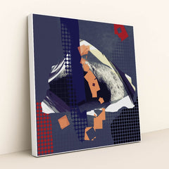 Deep Blue and Red Shapes with Orange Squares and Curved White Brushstrokes by Steve Johnson - White Frame Stretchiez