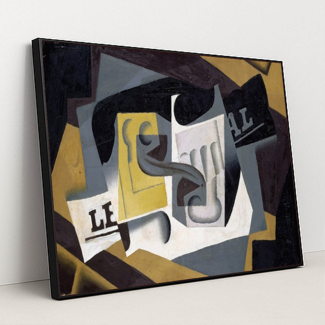 Glass and Newspaper (1917) by Juan Gris - Black Frame Stretchiez