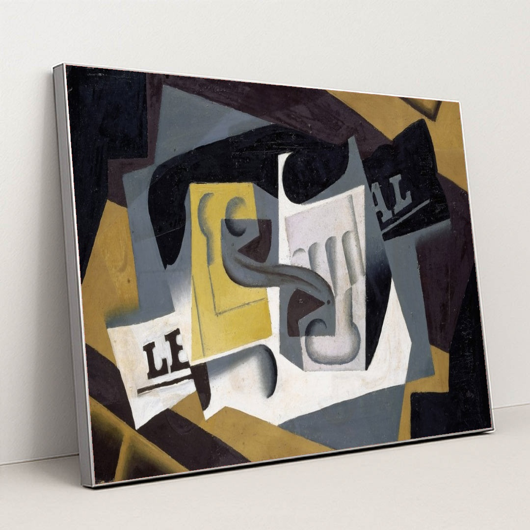 Glass and Newspaper (1917) by Juan Gris - Silver Frame Stretchiez