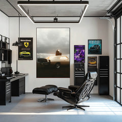 Golden Glow showcased in a modern office with car wall art and stylish furniture.