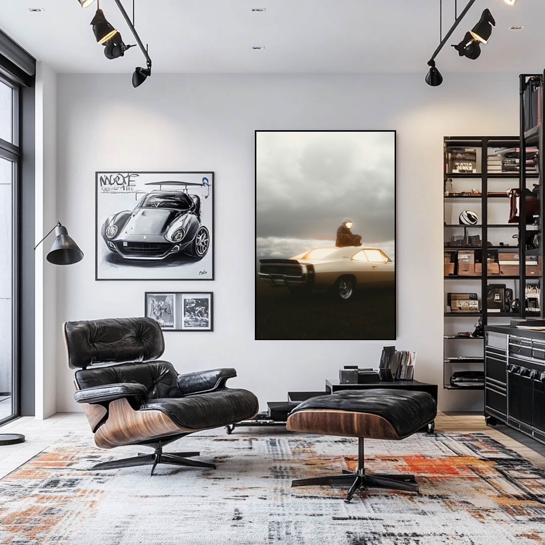 Golden Glow showcased in a modern room with car wall art and stylish furniture.
