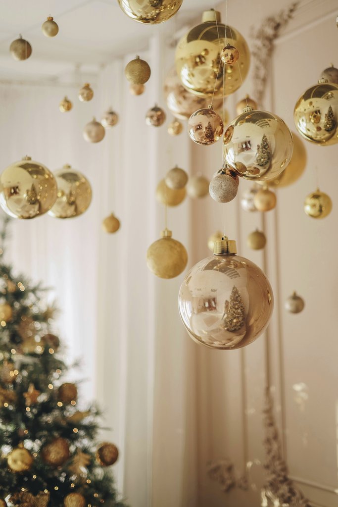Valeria Boltneva - Elegant golden Christmas ornaments hanging in a festive living room with a tree.