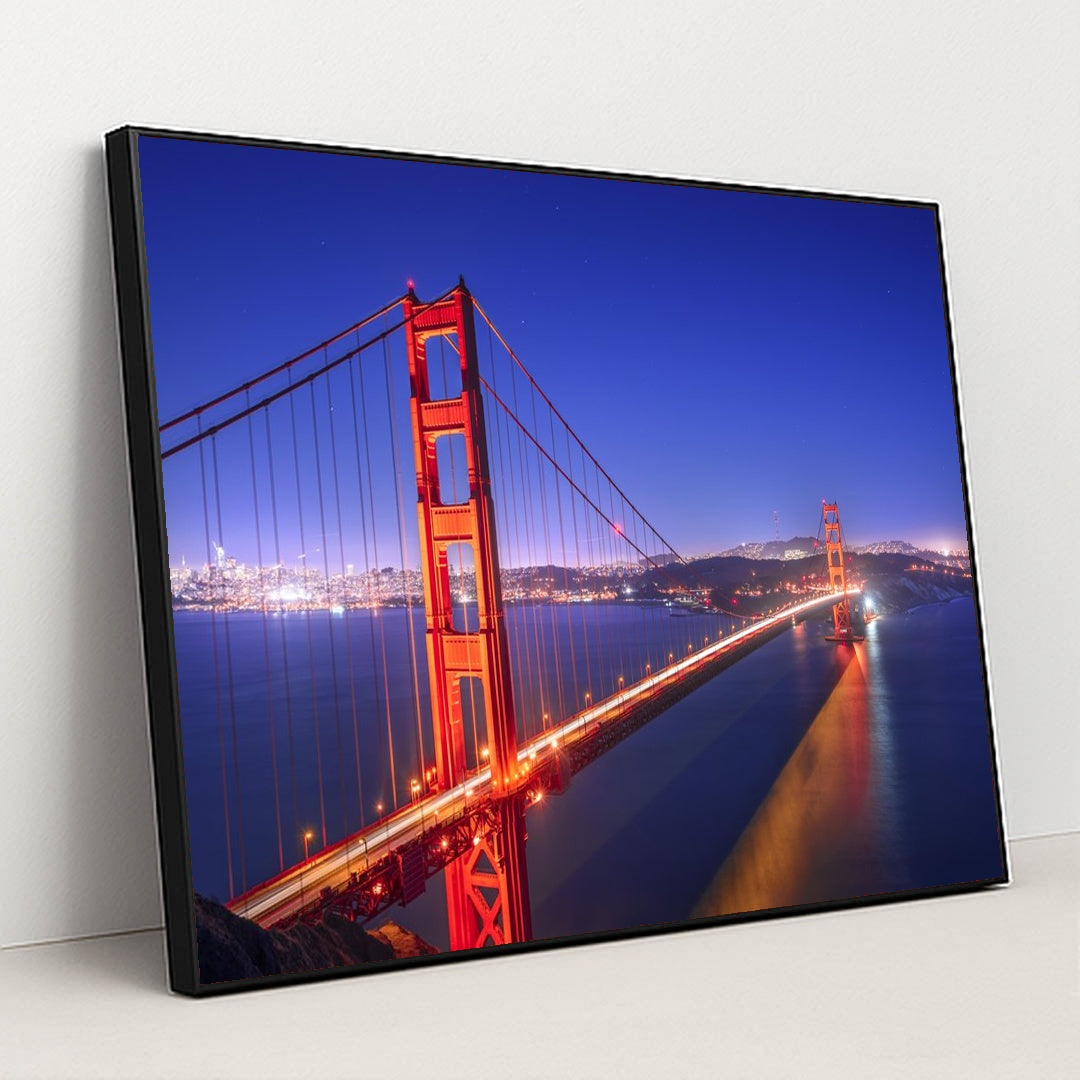 Illuminated Golden Gate Bridge: A Nighttime San Francisco Icon by Anonymous - Black Frame Stretchiez