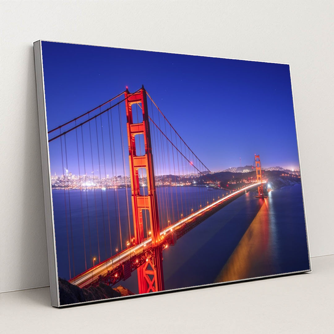 Illuminated Golden Gate Bridge: A Nighttime San Francisco Icon by Anonymous - Silver Frame Stretchiez