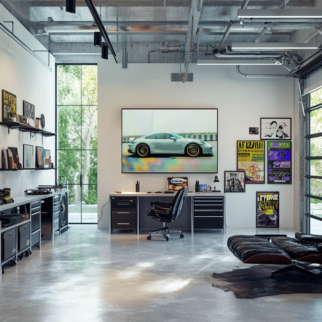 Stylish office featuring car wall art of a Silver Porsche 911 in Motion, enhancing the modern workspace aesthetic.