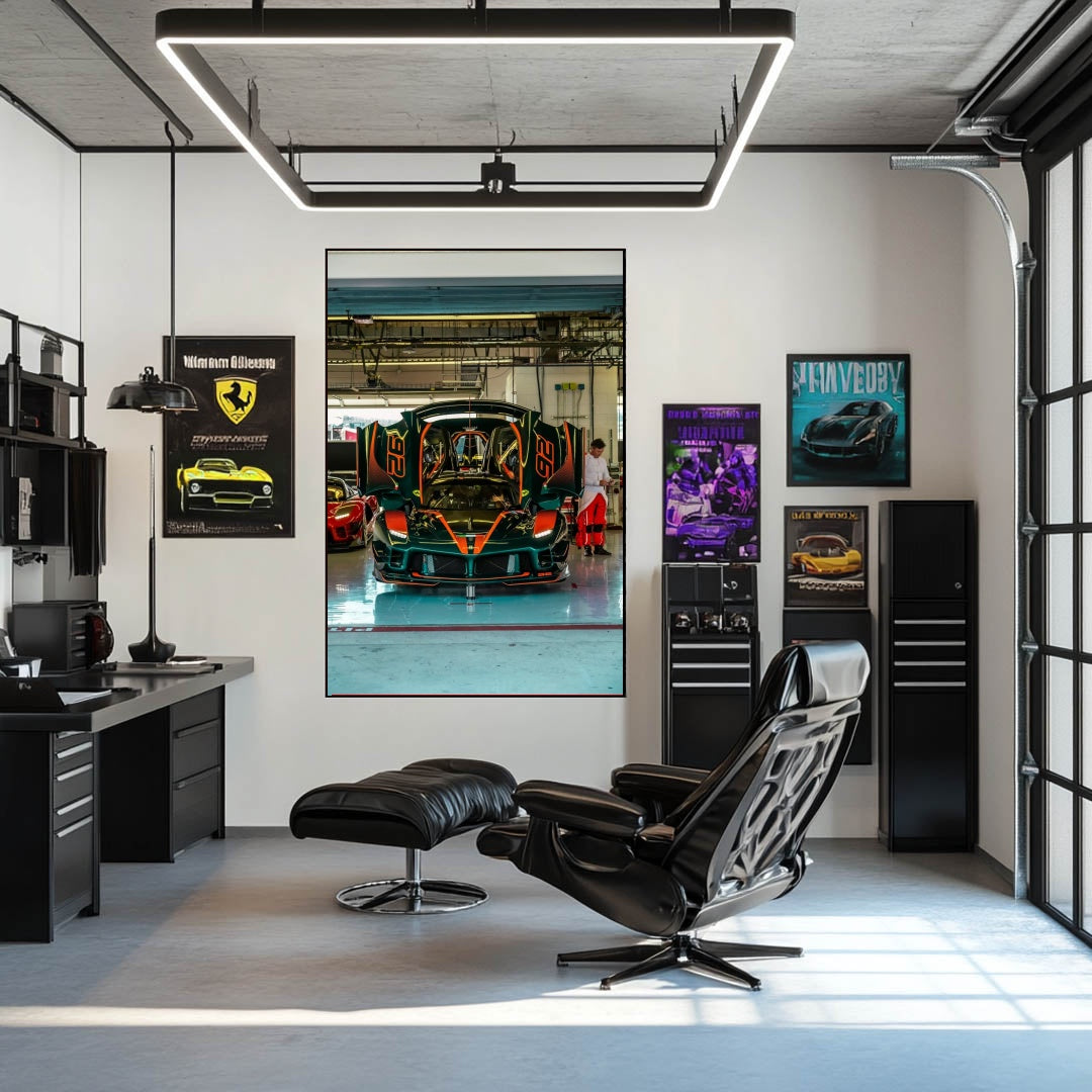 Ferrari FXX-K Evo in Pit Garage showcased in a stylish workspace with car wall art on the walls.