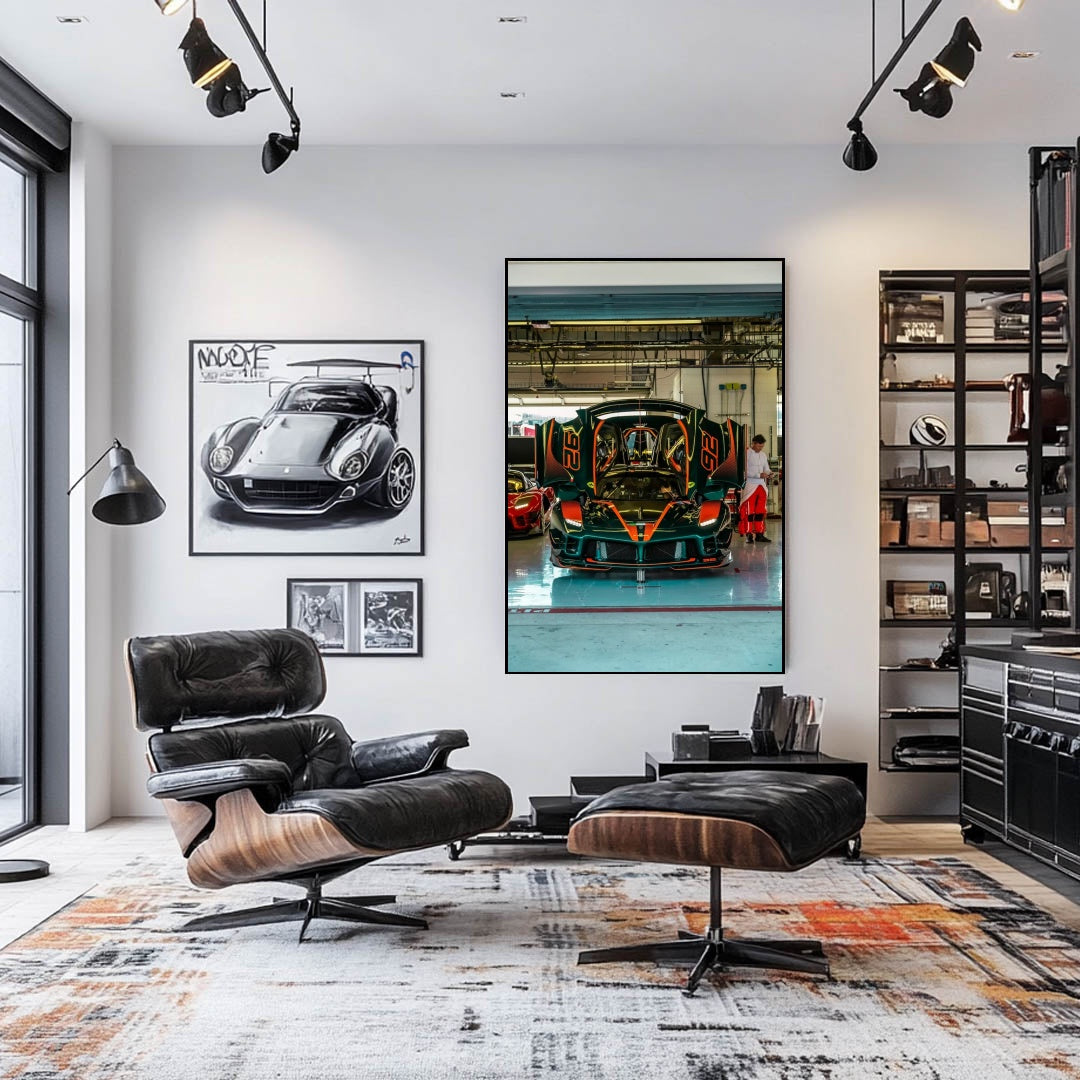 Ferrari FXX-K Evo in Pit Garage showcased as car wall art in a stylish modern interior.