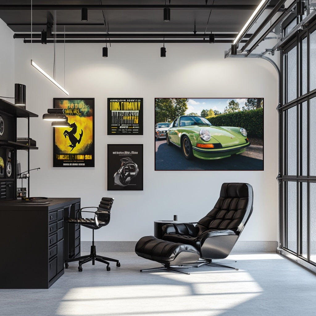 Classic Porsche 911 in Light Green displayed on a wall in a modern office, showcasing vintage car wall art.