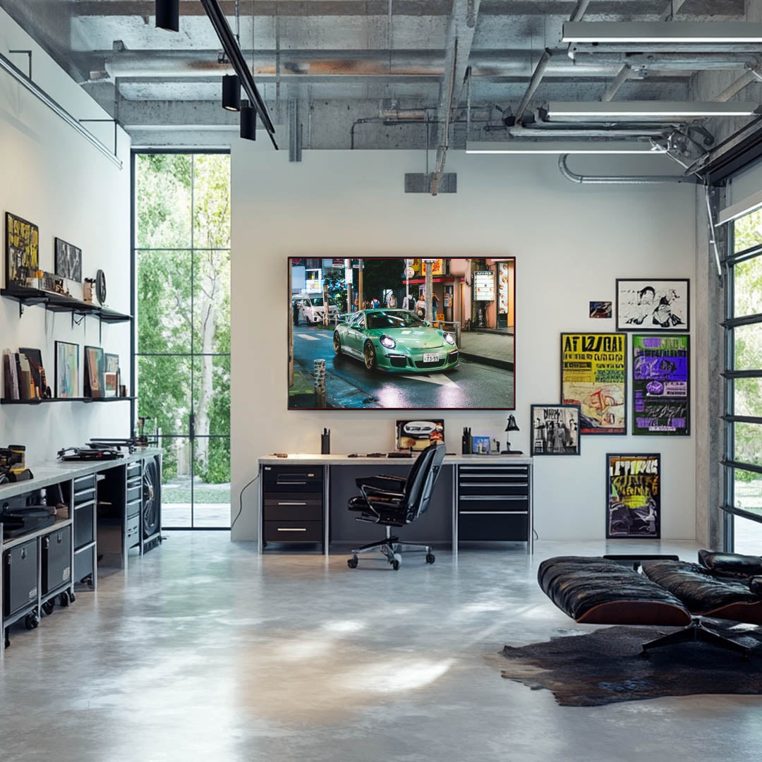 Porsche 911 Turbo S exploring Taipei's Streets displayed as car wall art in a modern office.