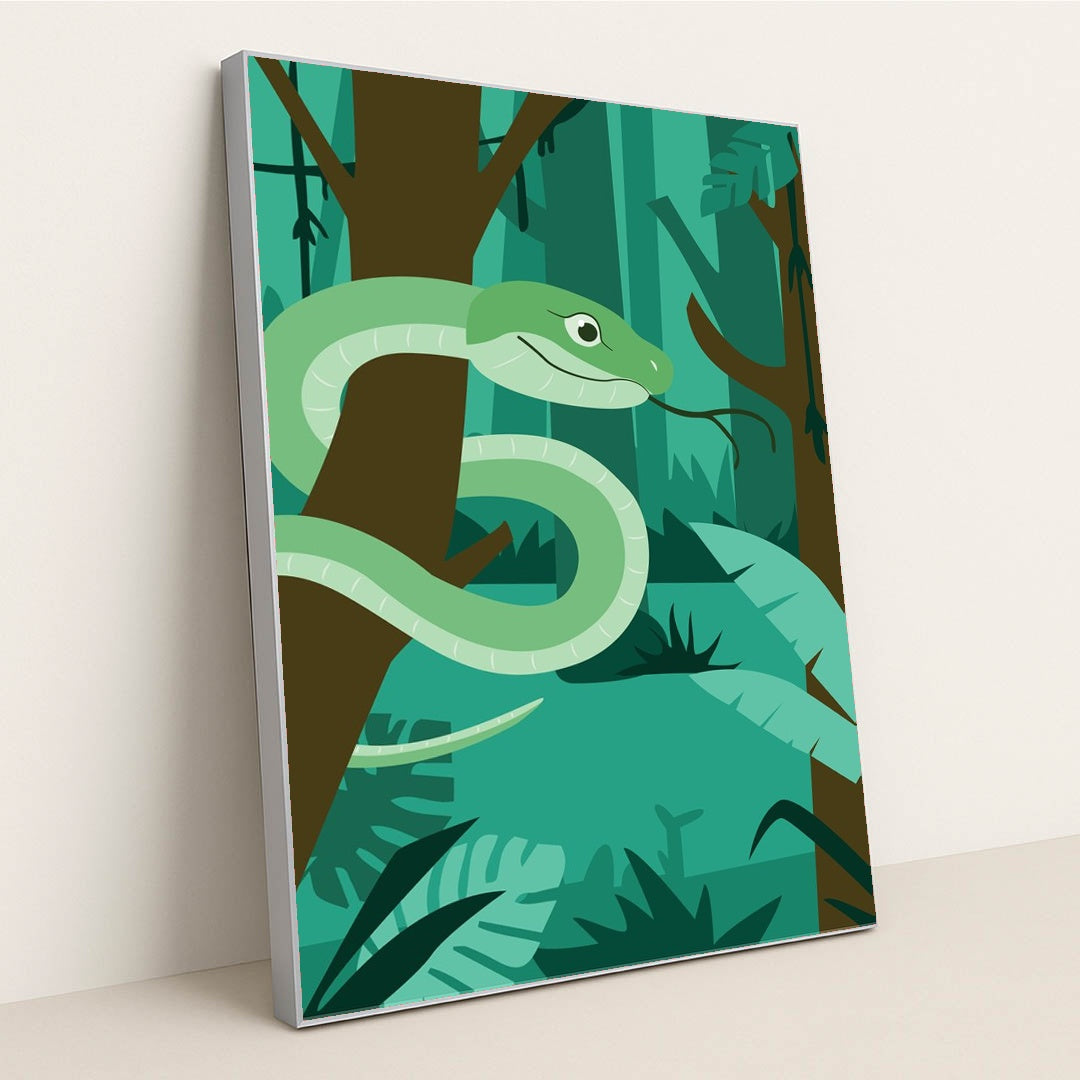 Vibrant Green Snake in the Forest by Andania Humaira - Silver Frame Stretchiez