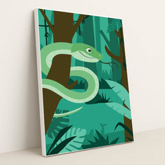 Vibrant Green Snake in the Forest by Andania Humaira - White Frame Stretchiez
