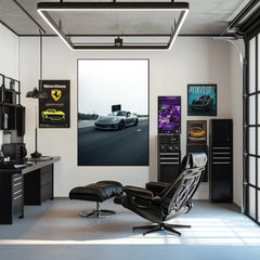 Grey Porsche 911 GT3 in Motion displayed as car wall art in a stylish interior office.