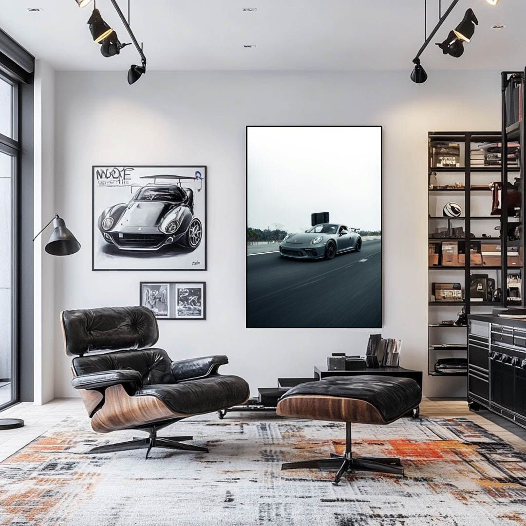Stylish interior featuring car wall art of a Grey Porsche 911 GT3 in Motion, showcasing its dynamic design and performance.